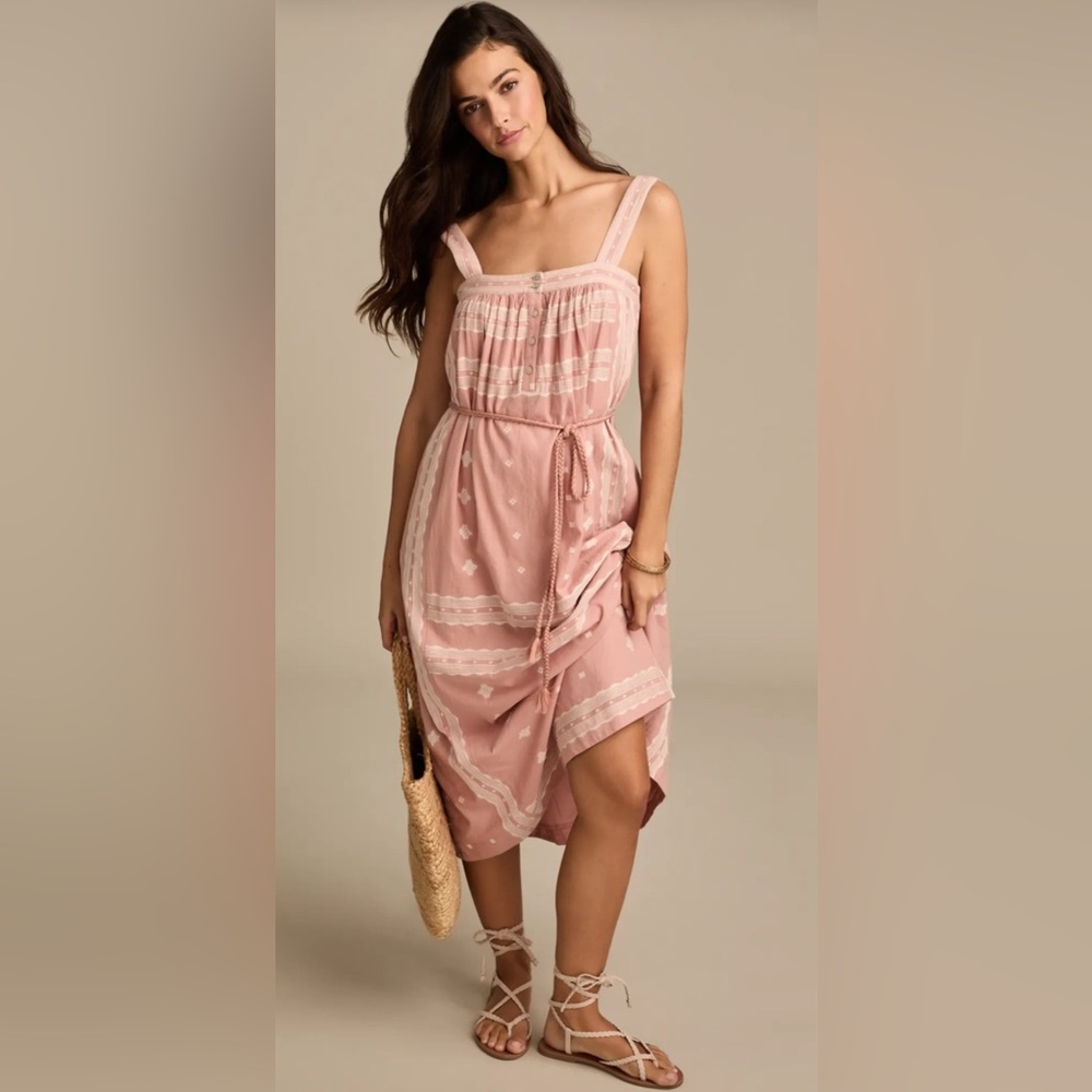 NWT Lucky Brand Boho Midi Dress Pink Embroidered Cotton Tie Waist Sz Small